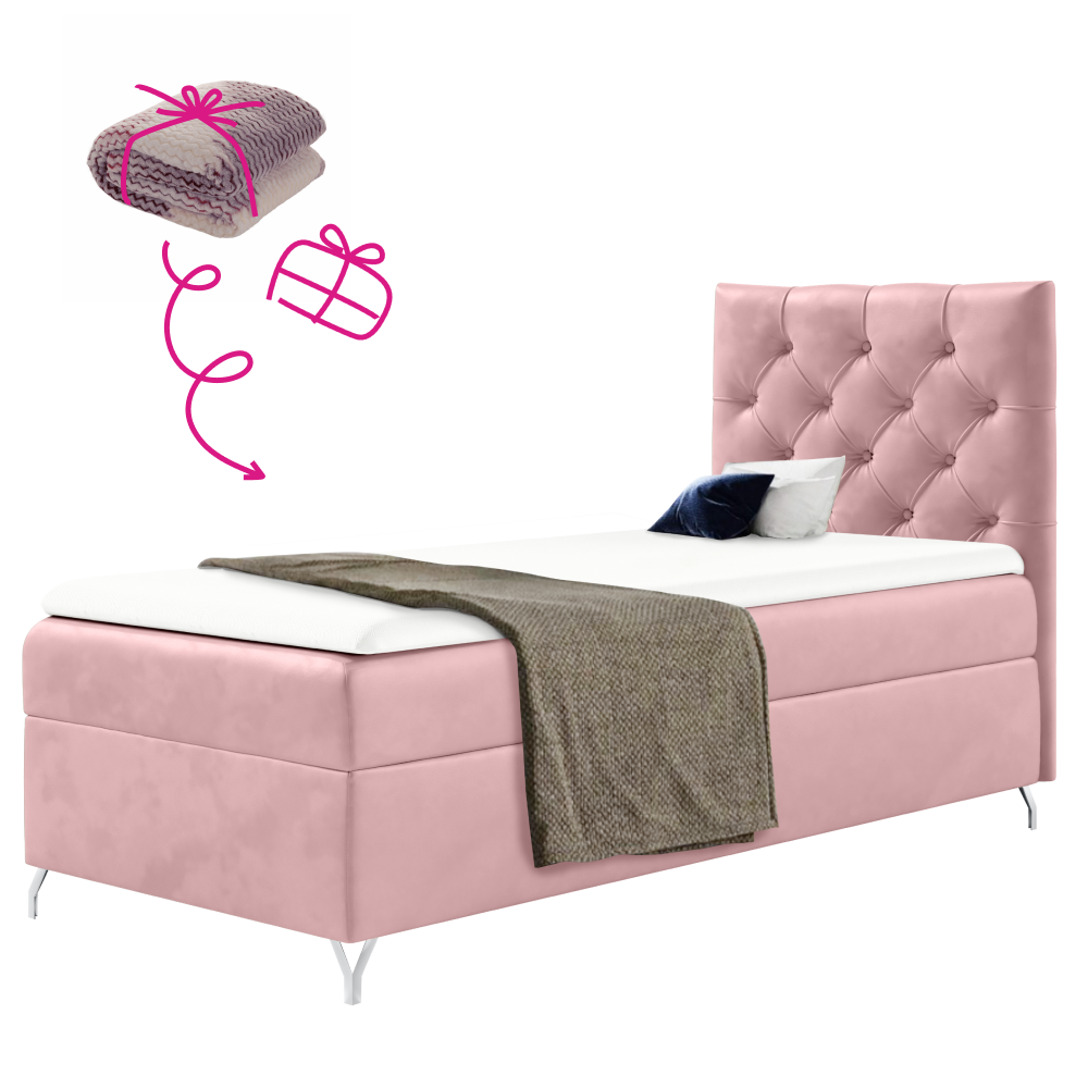 Boxspring ágy, 90x200, rózsaszín Velvet szövet, jobbos, GULIETTE + ajándék