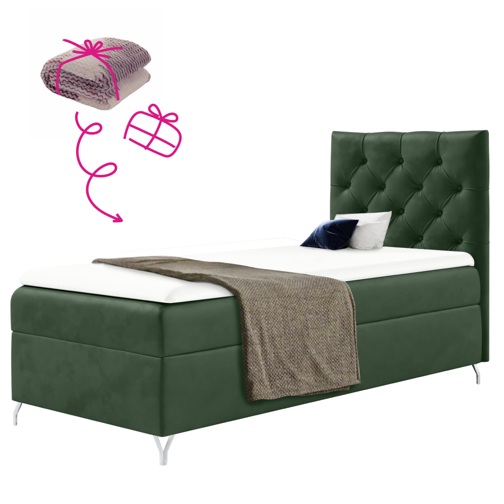 Boxspring ágy, 90x200, zöld Velvet szövet, jobbos, GULIETTE + ajándék