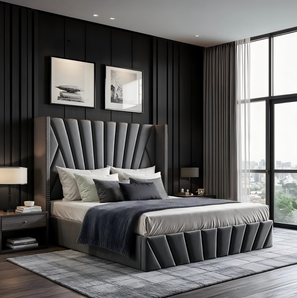 Ágy ráccsal, 180x200, sötétszürke Velvet szövet, PENELOPE