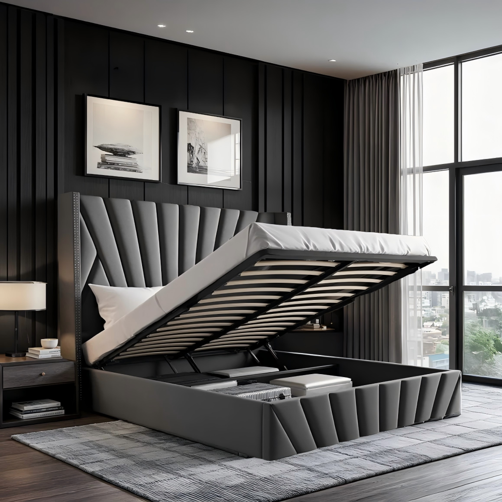 Ágy ráccsal, 180x200, sötétszürke Velvet szövet, PENELOPE