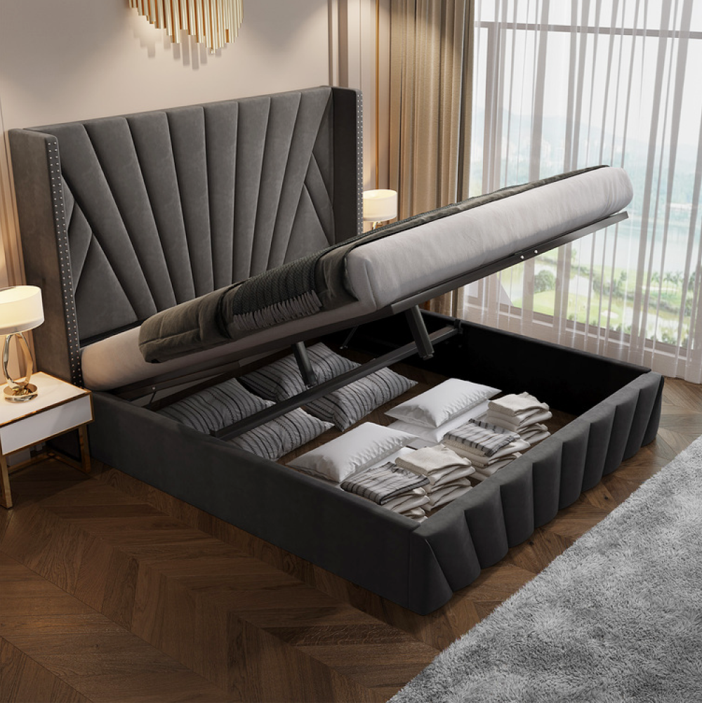 Ágy ráccsal, 180x200, sötétszürke Velvet szövet, PENELOPE