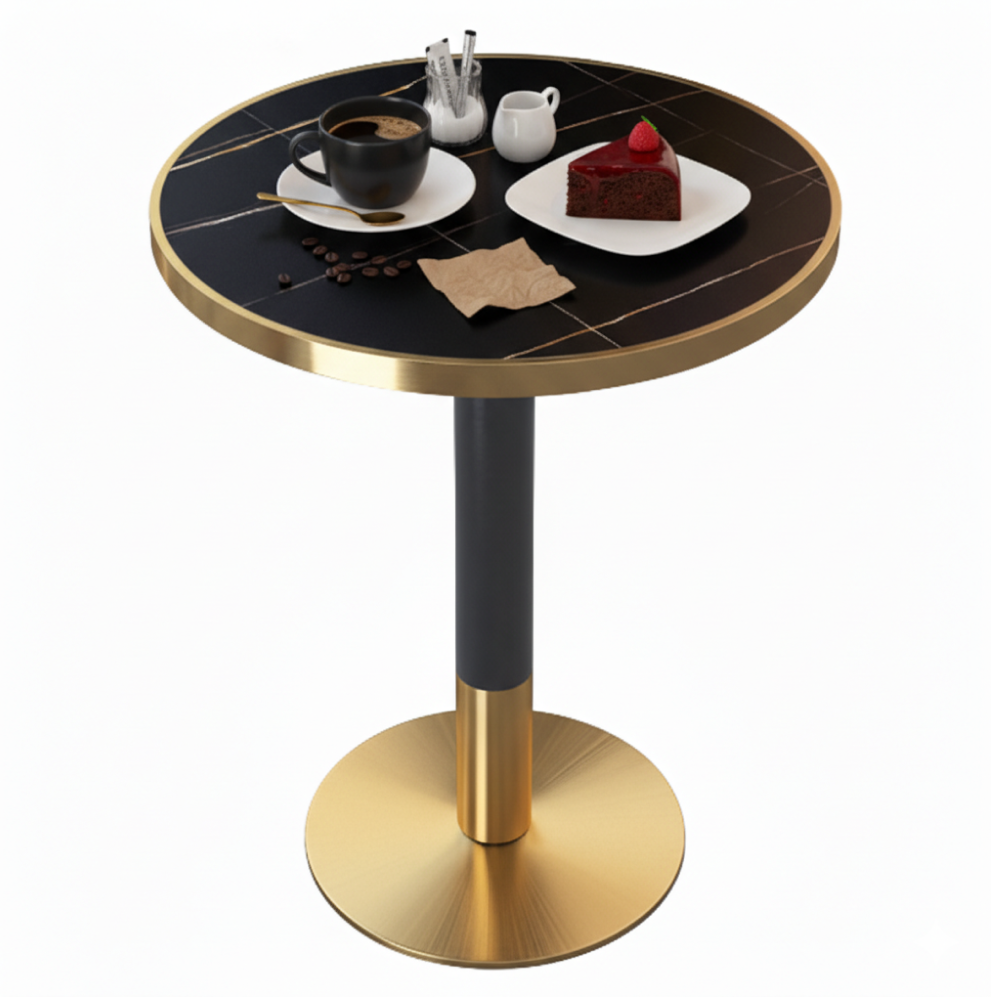 Jedálenský bistro stôl, čierny mramor/čierna/zlatá, priemer 80 cm, OREN