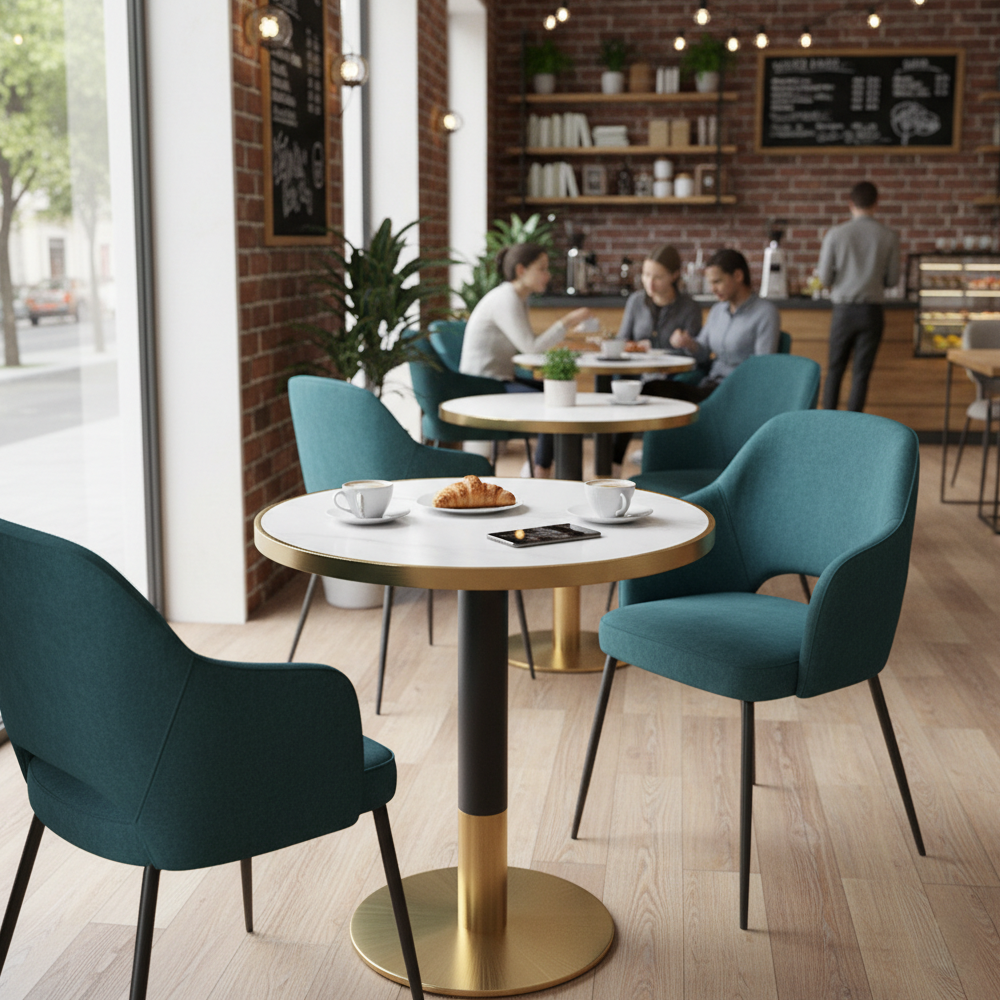 Jedálenský bistro stôl, biely mramor/čierna/zlatá, priemer 80 cm, OREN