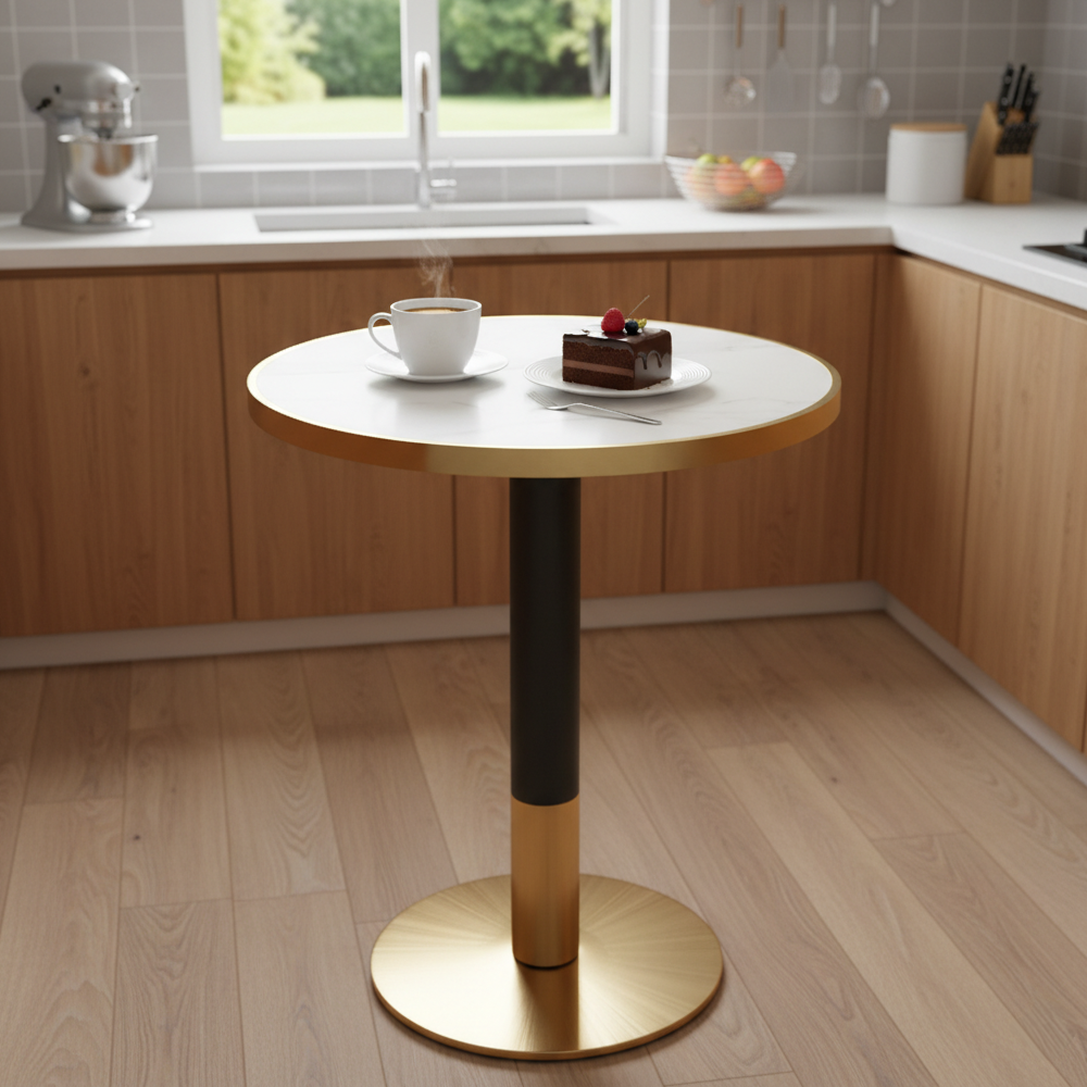 Jedálenský bistro stôl, biely mramor/čierna/zlatá, priemer 80 cm, OREN