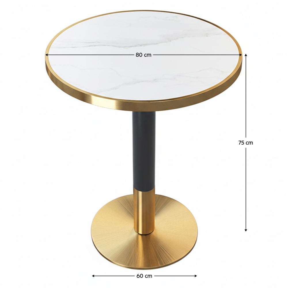 Jedálenský bistro stôl, biely mramor/čierna/zlatá, priemer 80 cm, OREN