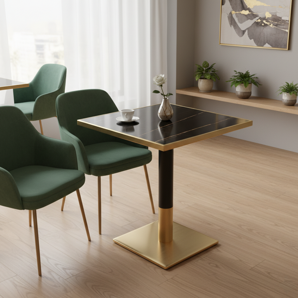 Jedálenský bistro stôl, čierny mramor/čierna/zlatá, 70x70 cm, PRESTON