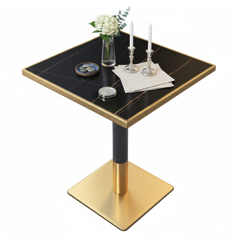 Jedálenský bistro stôl, čierny mramor/čierna/zlatá, 70x70 cm, PRESTON