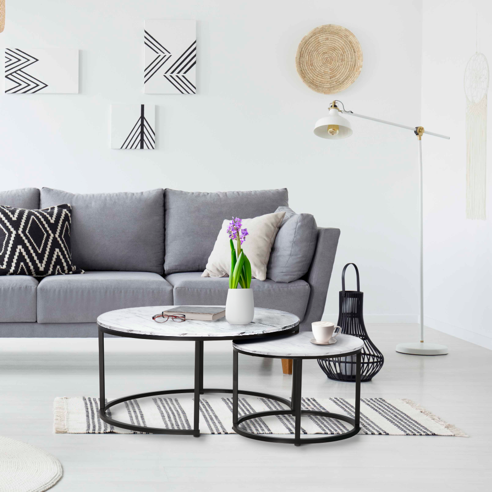 Dohányzóasztalok, 2 db-os szett, fehér/fekete, CIRKO