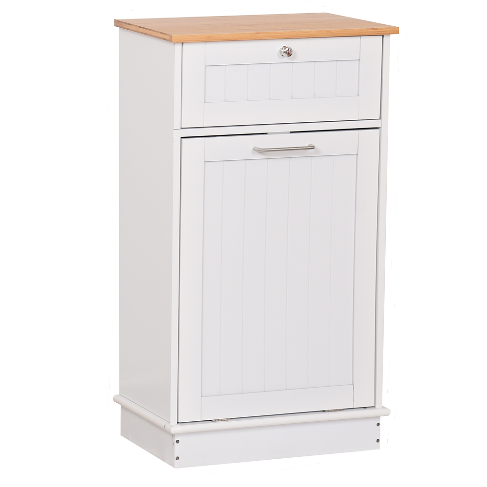 Výklopná skrinka s odpadkovým košom, biela/bambus, DELINS TYP 1