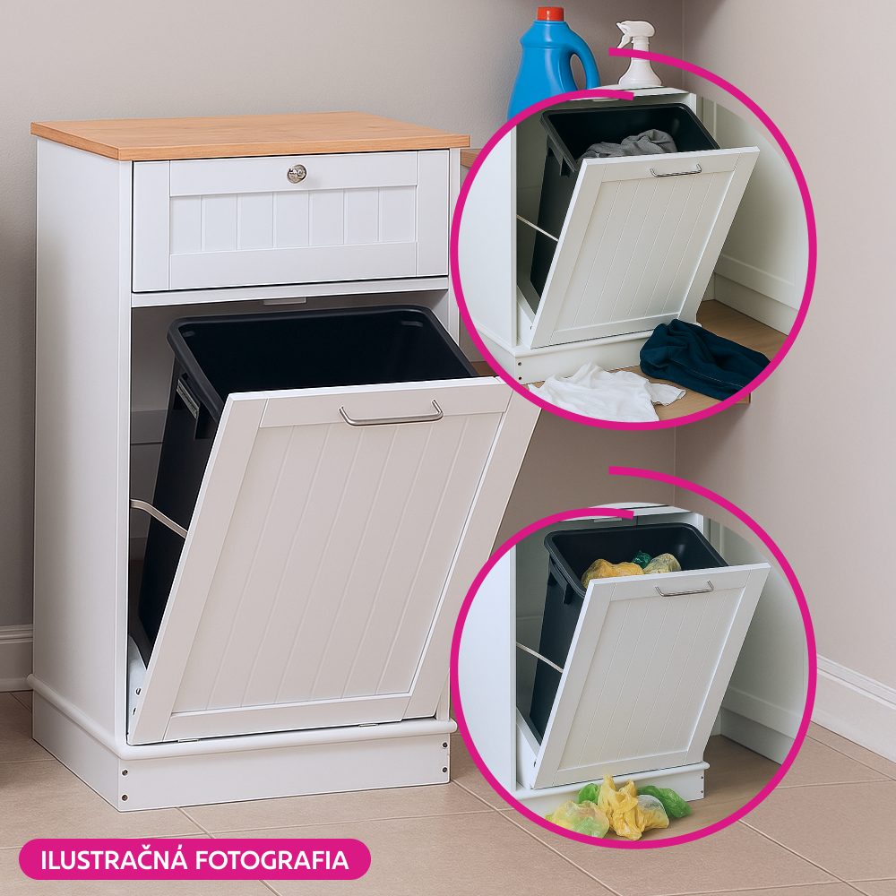 Výklopná skrinka s odpadkovým košom, biela/bambus, DELINS TYP 1