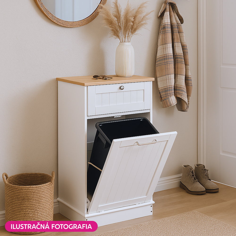 Výklopná skrinka s odpadkovým košom, biela/bambus, DELINS TYP 1