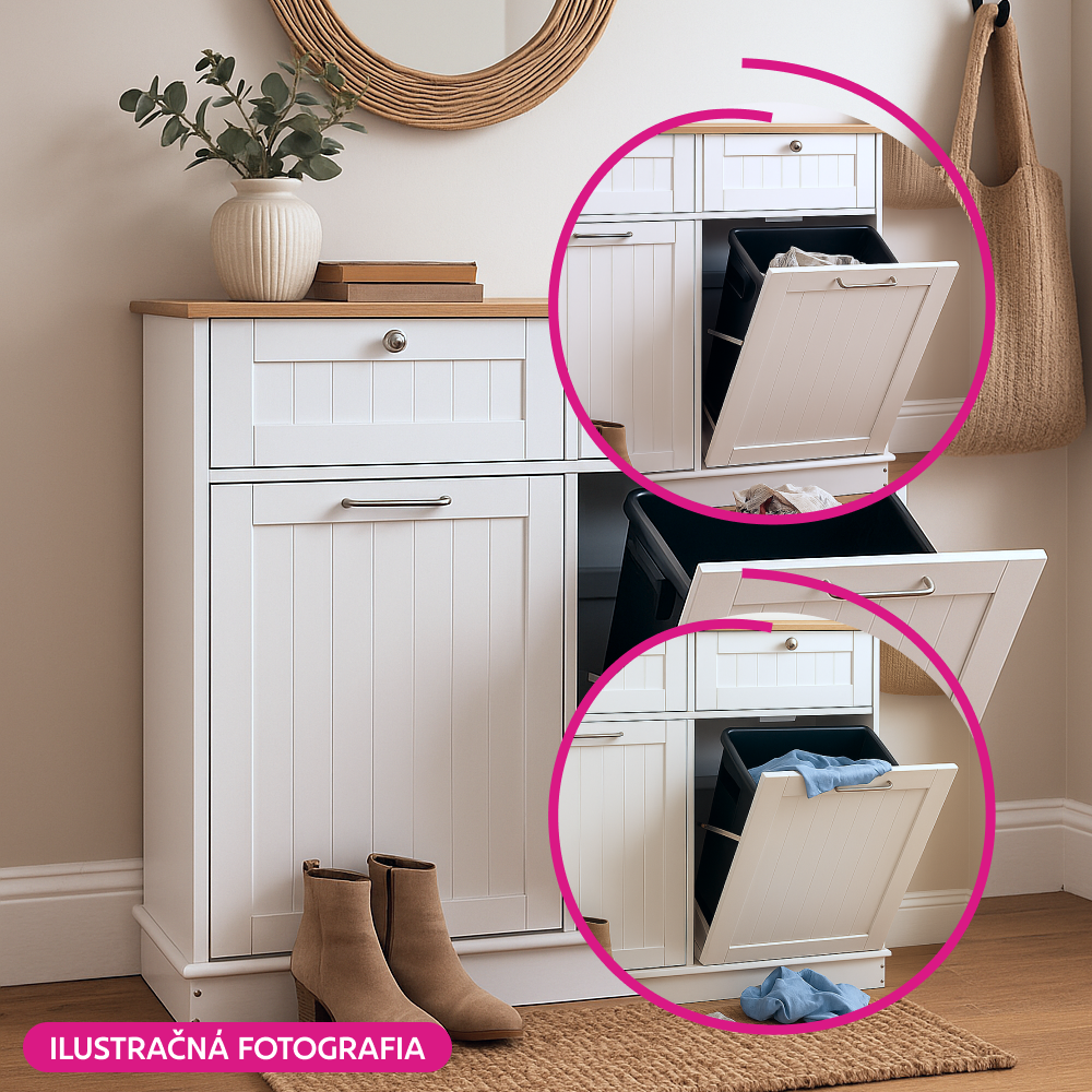 Výklopná skrinka s odpadkovým košom, biela/bambus, DELINS TYP 2