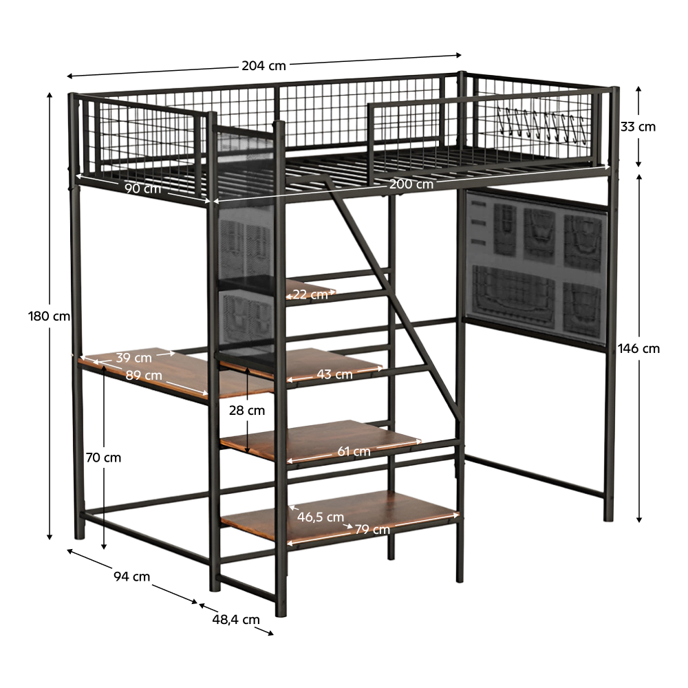 Megemelt ágy leesésgátlóval, 90x200, fekete, NIVEN Megemelt ágy leesésgátlóval, 90x200, fekete, NIVEN