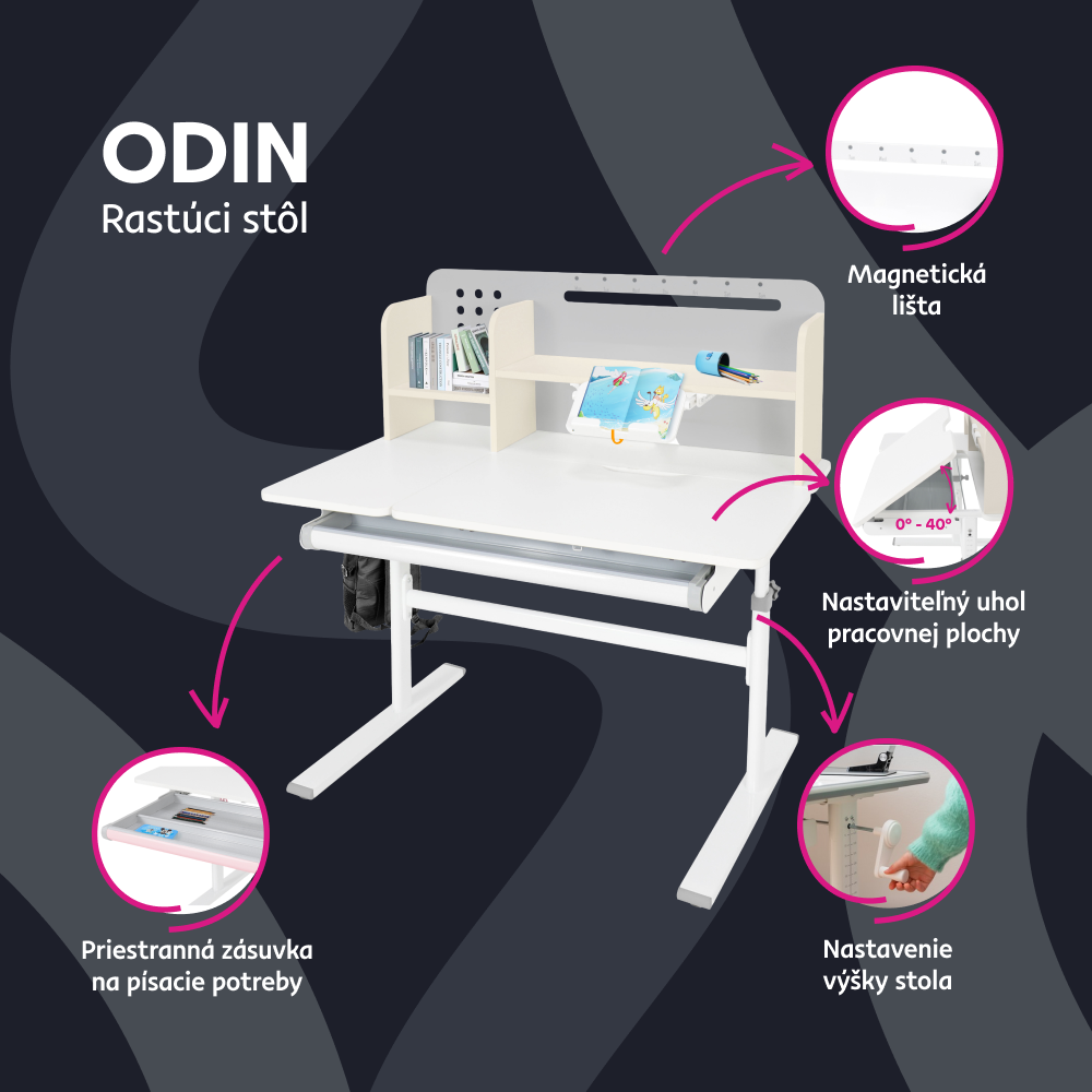 Rastúci písací stôl, sivá/biela, ODIN