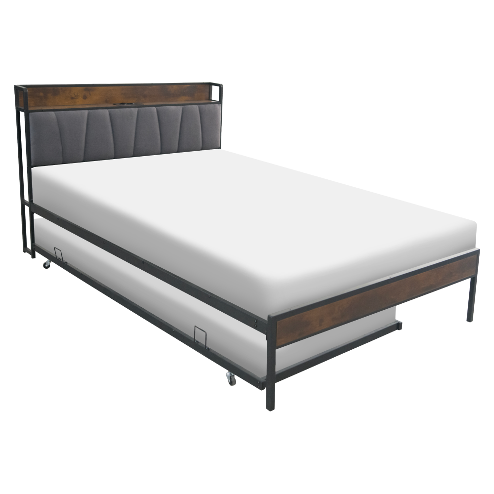 Posteľ s roštom a výsuvnou prístelkou, 140x200, čierna/sivá, NORDO