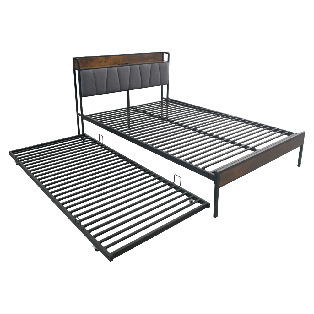 Posteľ s roštom a výsuvnou prístelkou, 140x200, čierna/sivá, NORDO