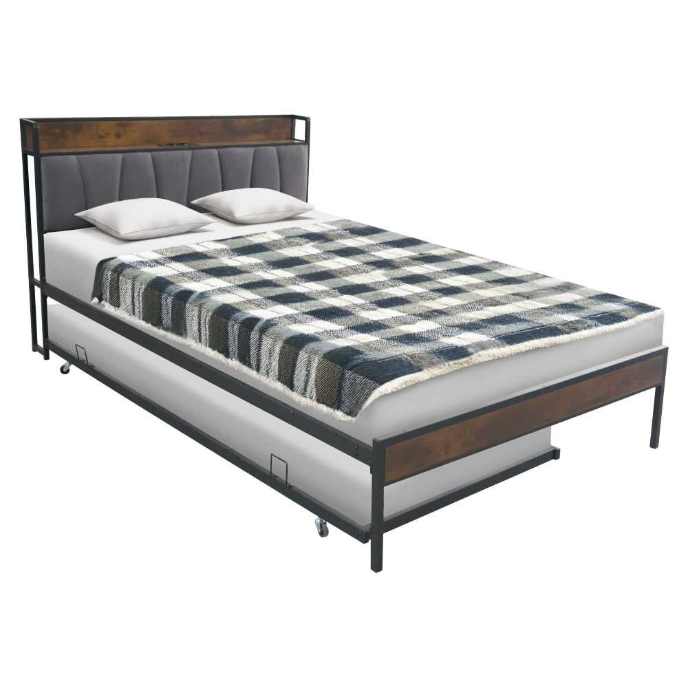 Posteľ s roštom a výsuvnou prístelkou, 160x200, čierna/sivá, NORDO