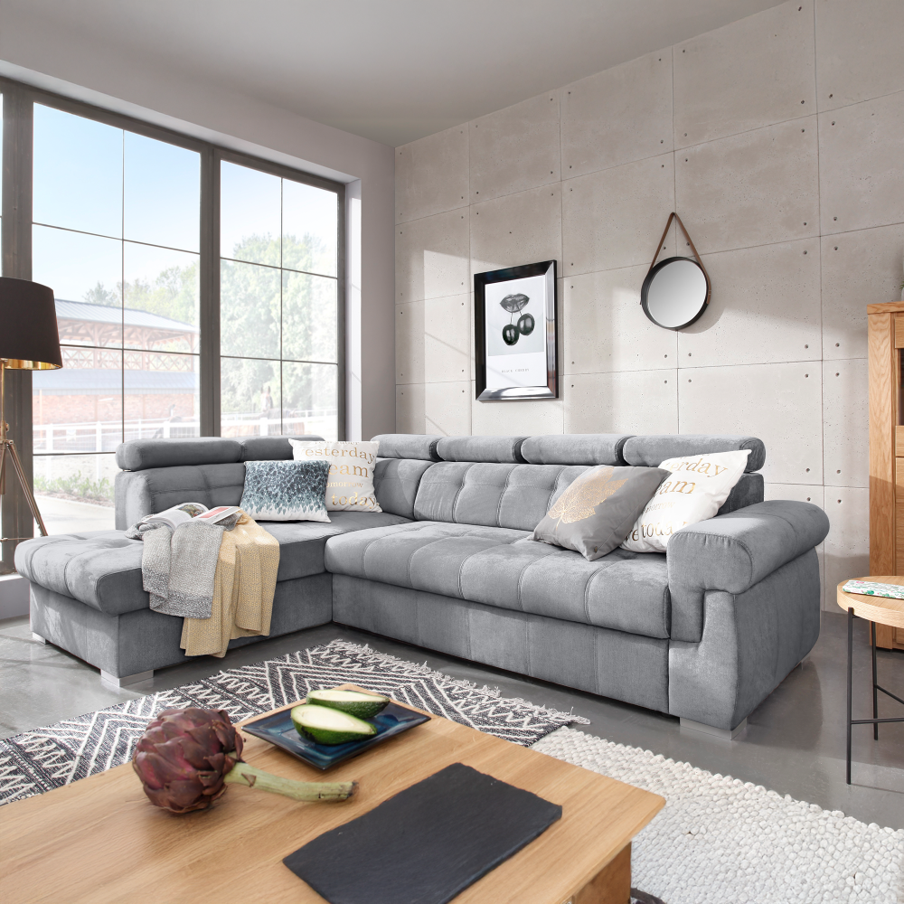 Rozkladacia rohová sedacia súprava, sivá/strieborná, ľavá, PRIMUS ROH NEW