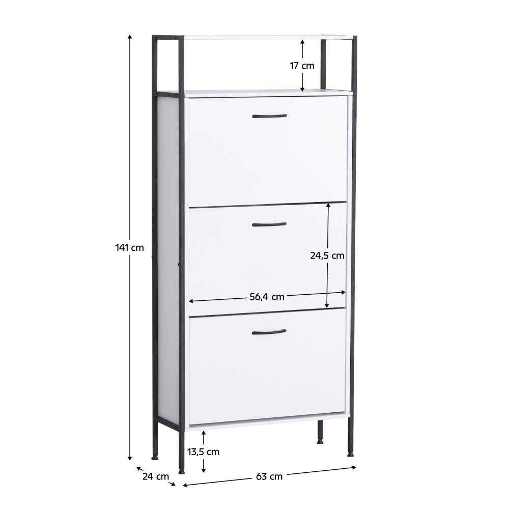 Cipőtároló, 3 soros, fehér, TREDIS