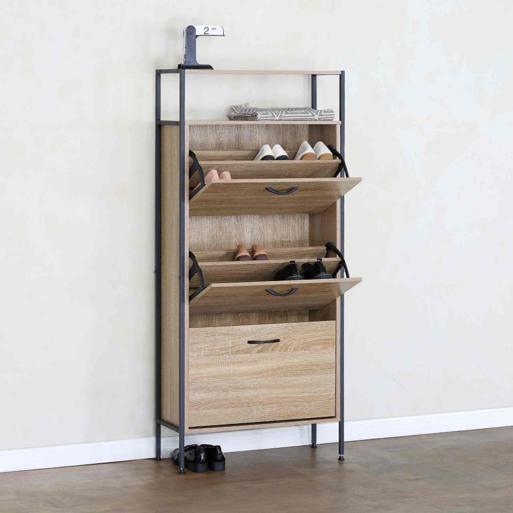 Cipőtároló, 3 soros, tölgy, TREDIS