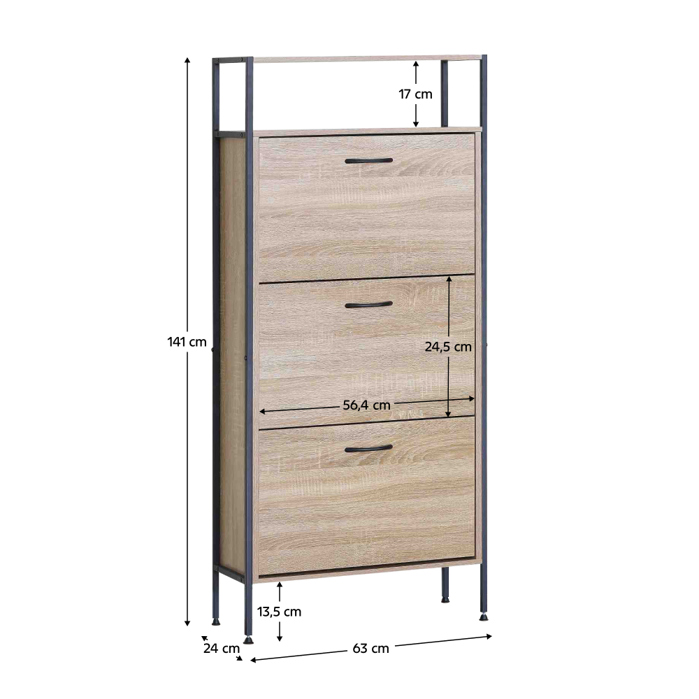 Cipőtároló, 3 soros, tölgy, TREDIS