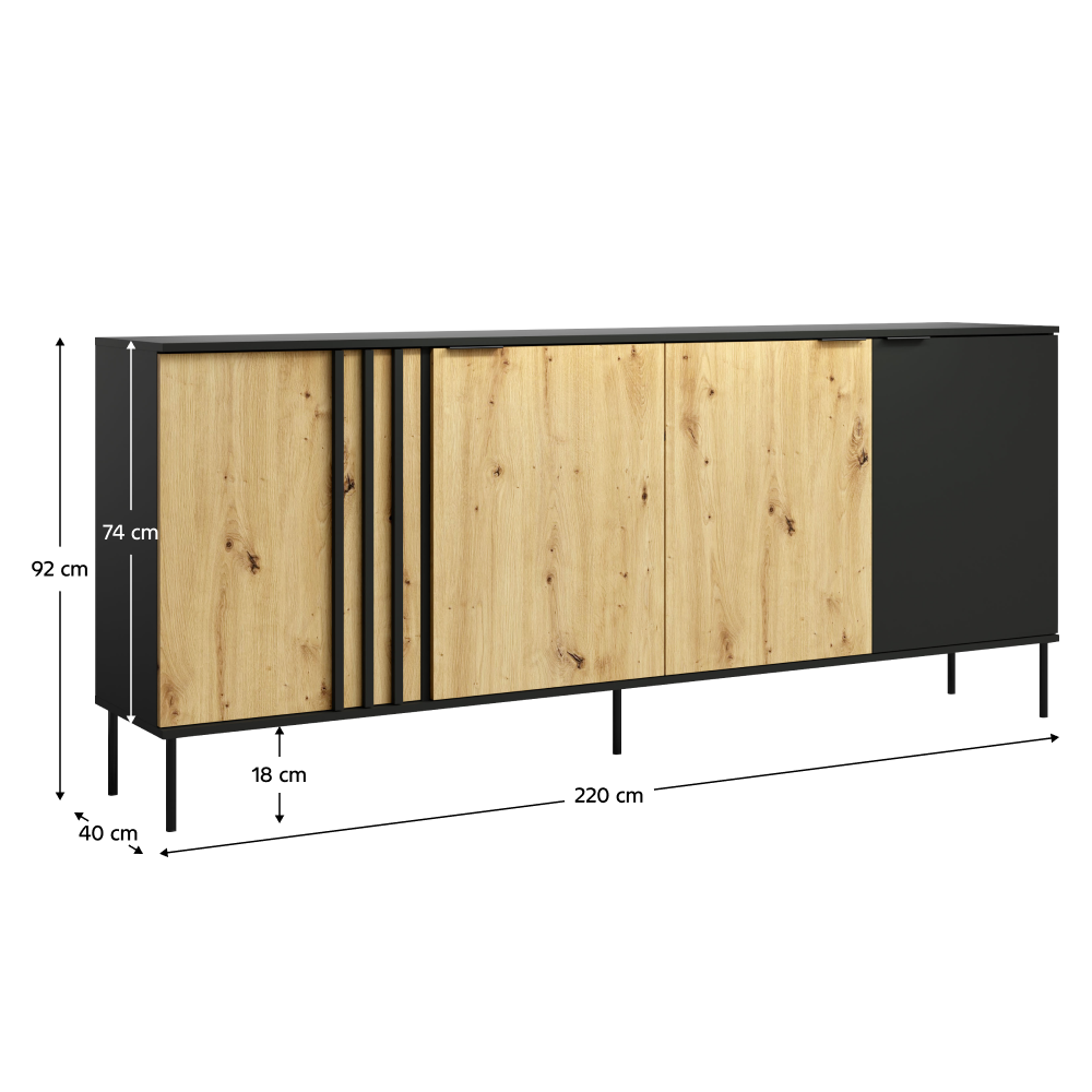 Komoda 4D, čierna/dub artisan, RIMINA