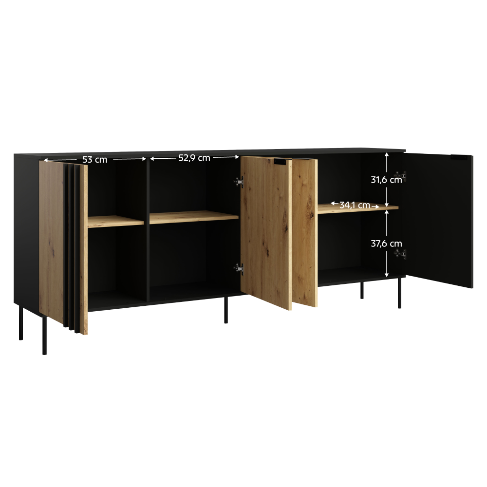 Komoda 4D, čierna/dub artisan, RIMINA