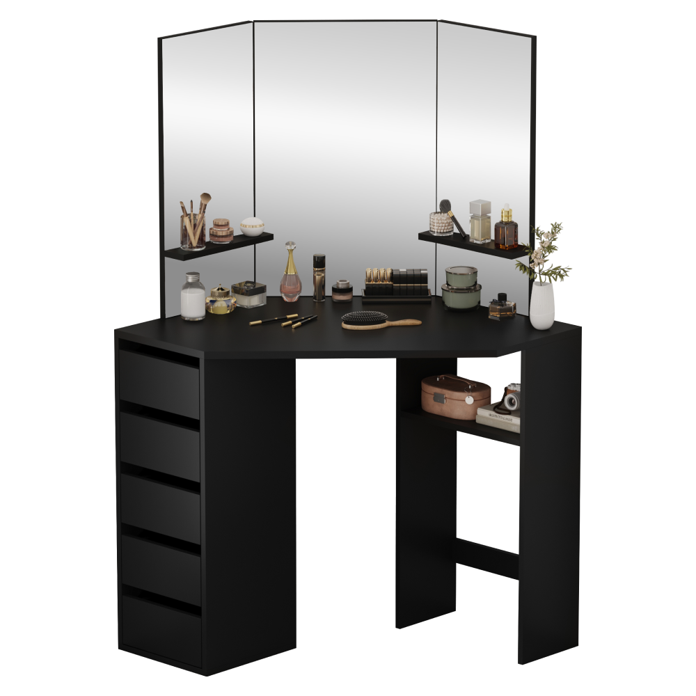 Rohový toaletný stolík, čierna, ELIO