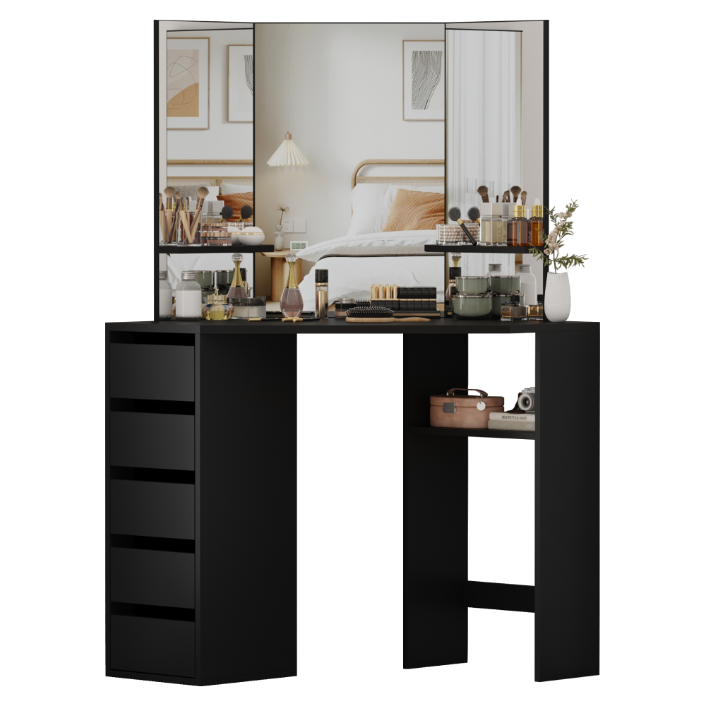 Rohový toaletný stolík, čierna, ELIO