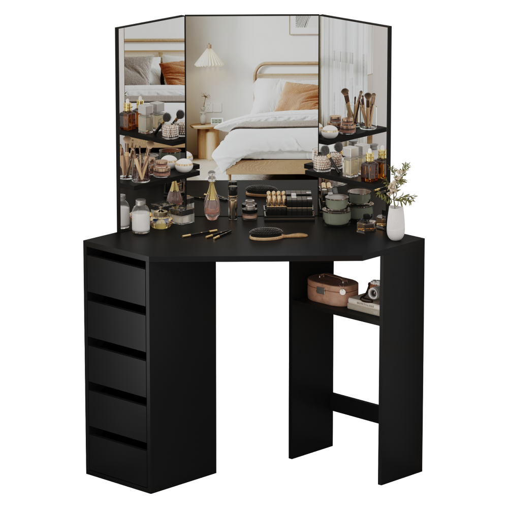 Rohový toaletný stolík, čierna, ELIO