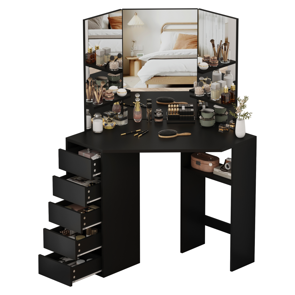 Rohový toaletný stolík, čierna, ELIO