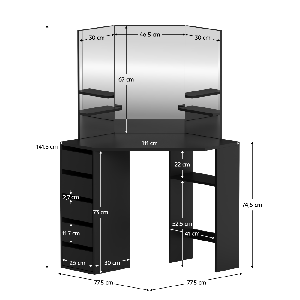 Rohový toaletný stolík, čierna, ELIO