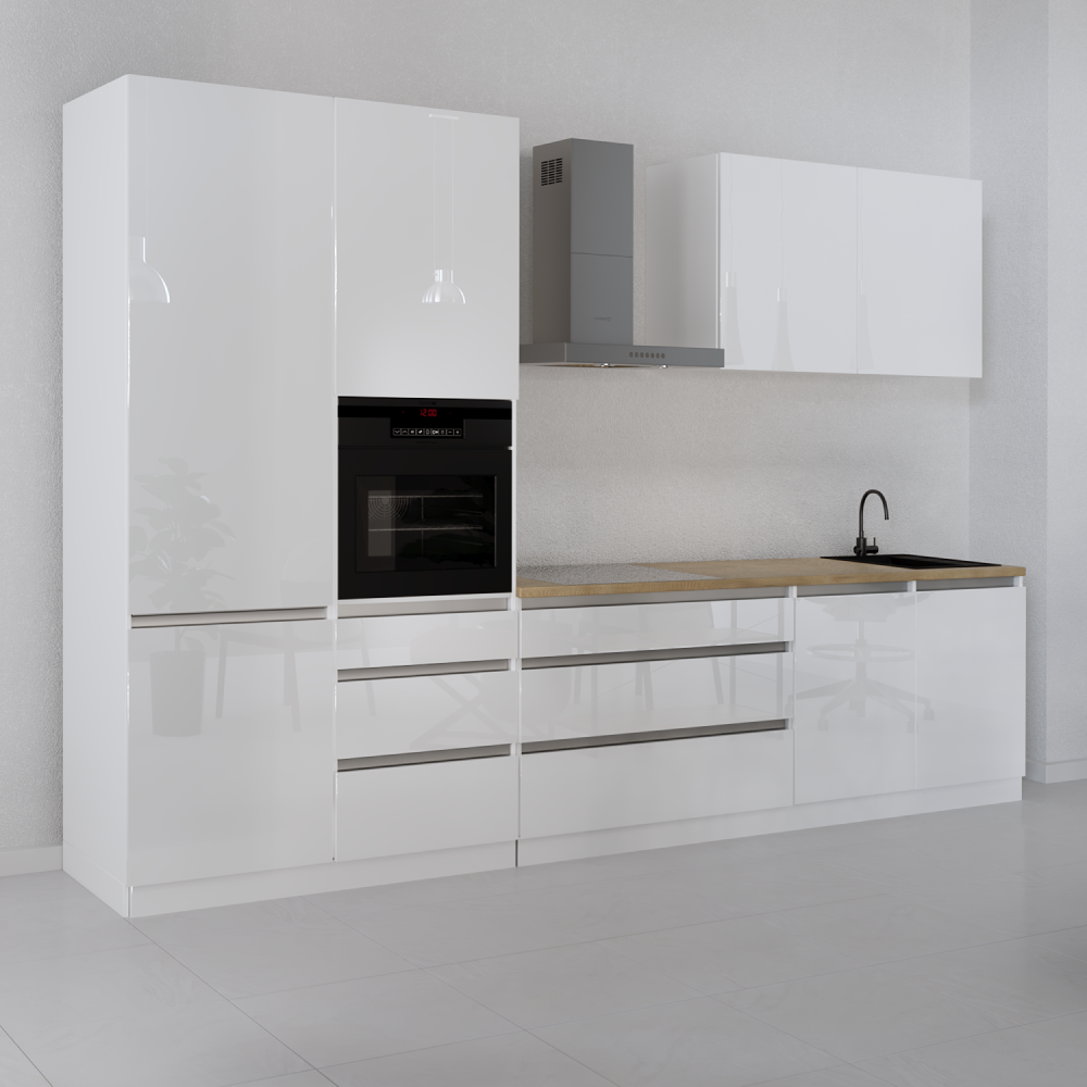 Kuchynská linka, 3,3 m, biela extra vysoký lesk HG/biela , ASTI