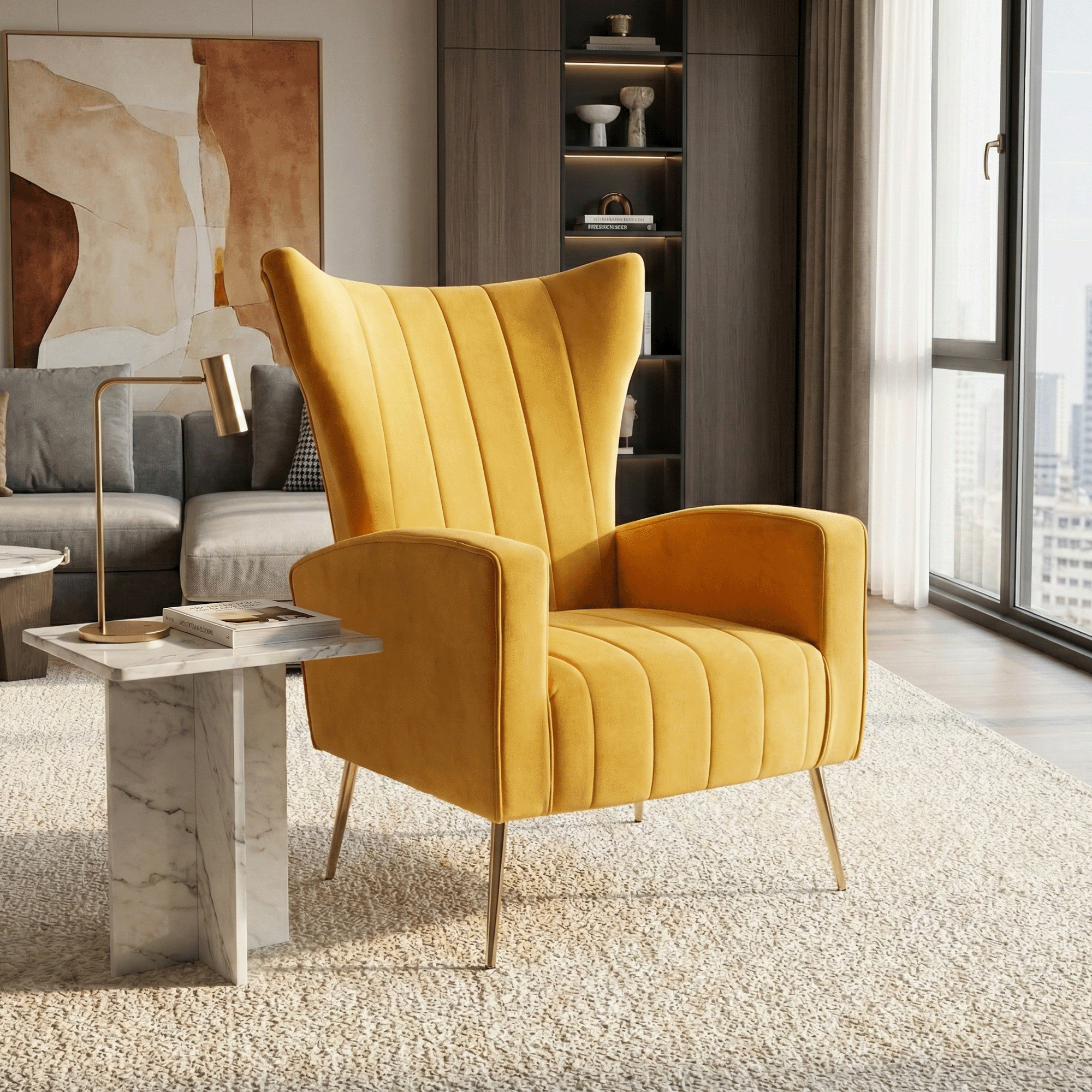 Relaxačné kreslo, žltá Velvet látka, BARET