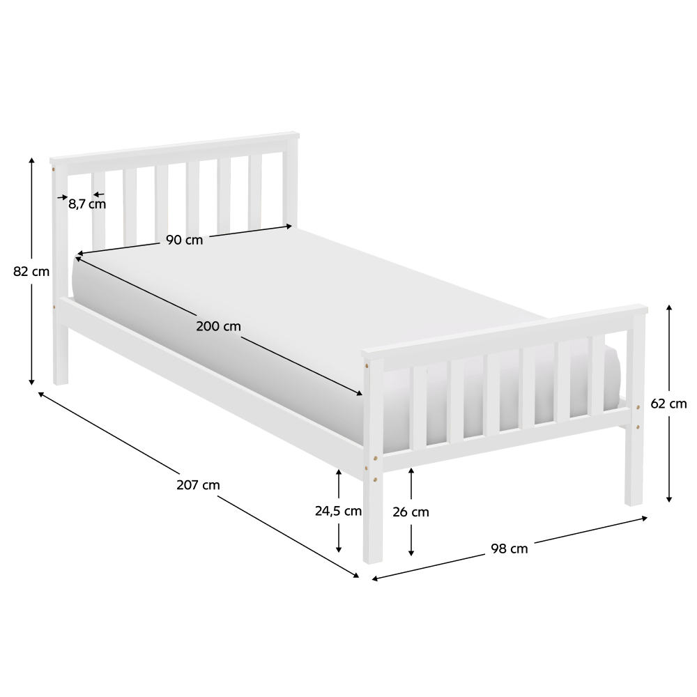 Posteľ s roštom, biela, 90x200, ANATRA