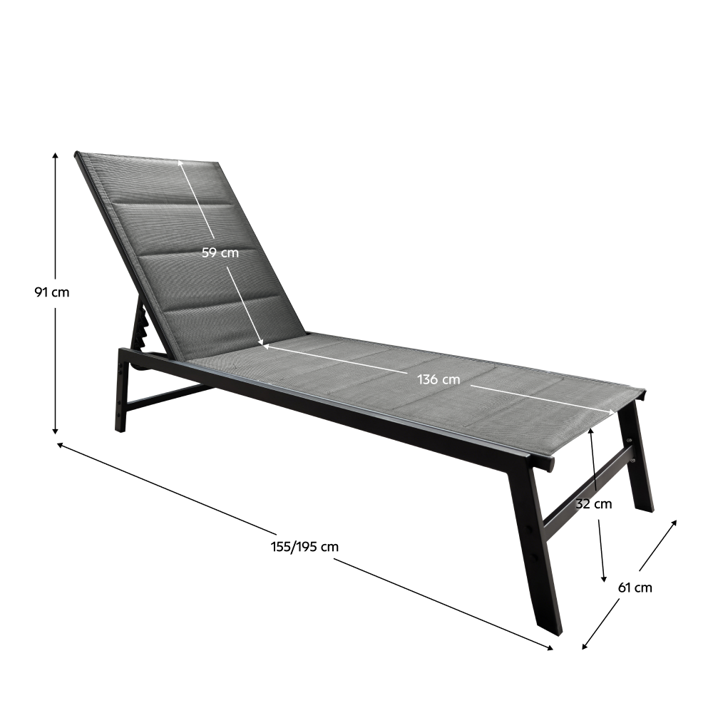 Polohovacie záhradné lehátko, čierna/sivá, LOPEZ