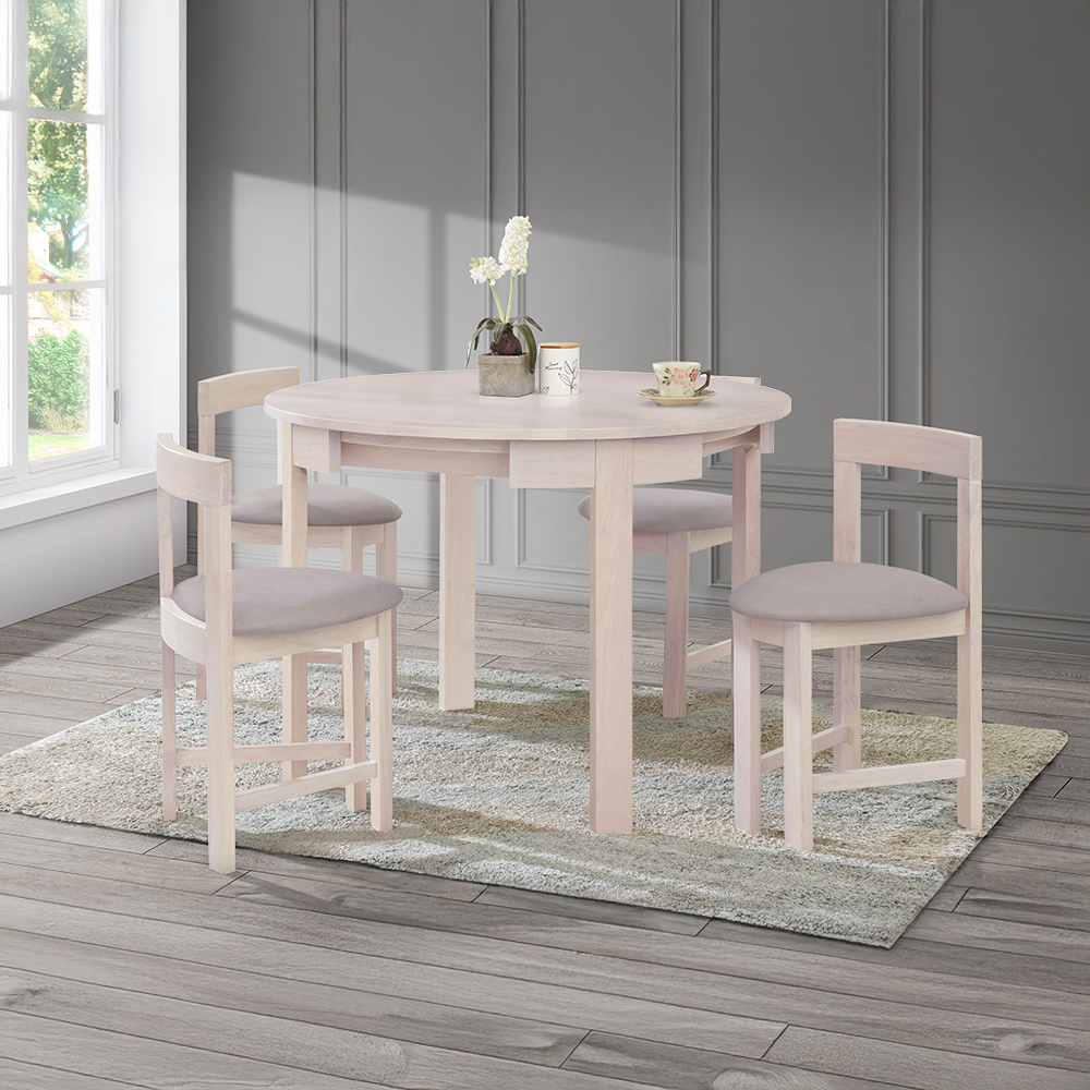 Jedálenský set 1+4, masívne drevo, biela vzor drevo/sivobéžová, DOMIO