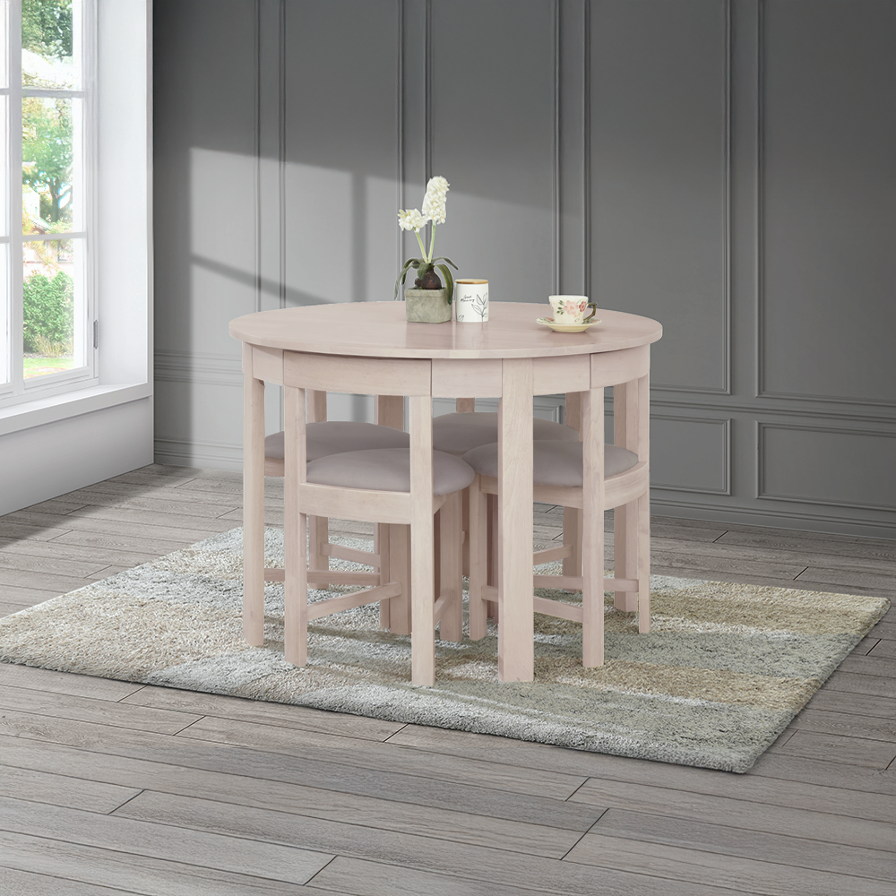 Jedálenský set 1+4, masívne drevo, biela vzor drevo/sivobéžová, DOMIO