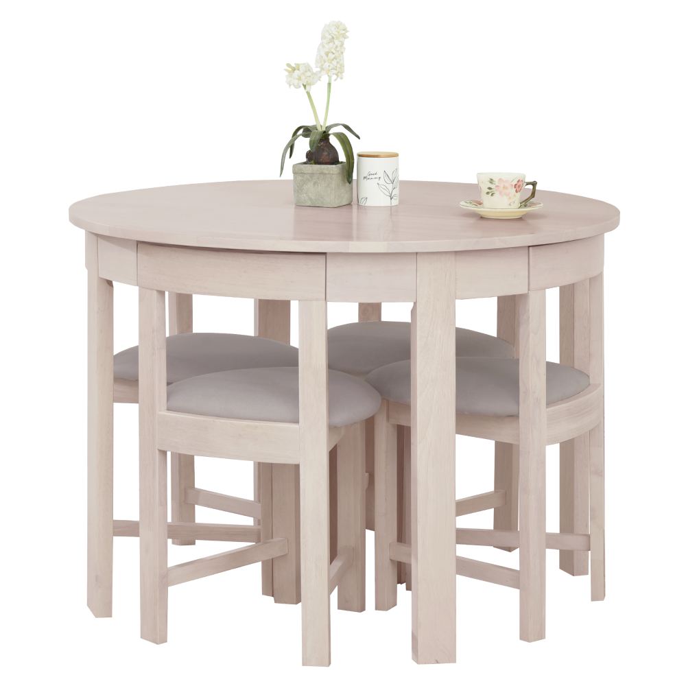 Jedálenský set 1+4, masívne drevo, biela vzor drevo/sivobéžová, DOMIO