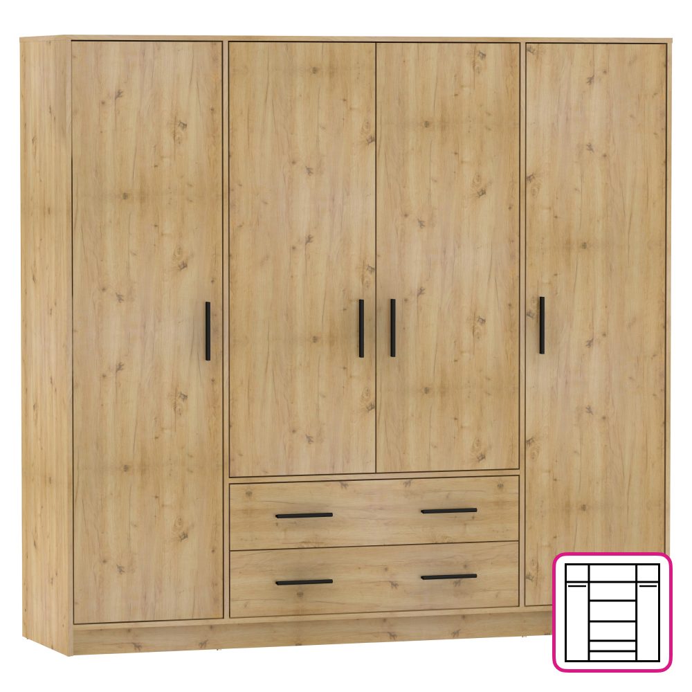 Šatní skříň, čtyřdveřová, dub artisan, BENA 1