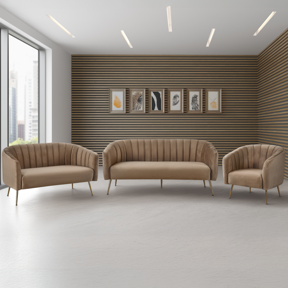 Dizajnový 3-sed, hnedá Velvet látka/gold chróm-zlatý, BAGY