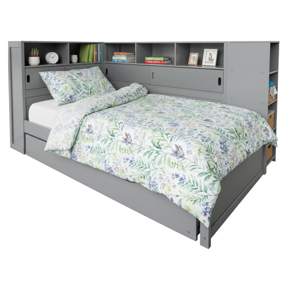 Postel s regály a přistýlkou, šedá, 90x200, LENDON