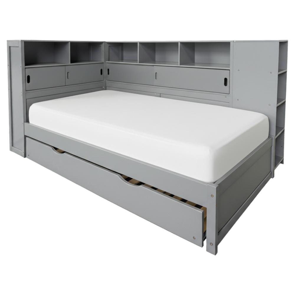 Posteľ s regálmi a prístelkou, sivá, 90x200, LENDON