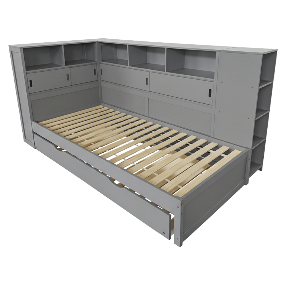Posteľ s regálmi a prístelkou, sivá, 90x200, LENDON