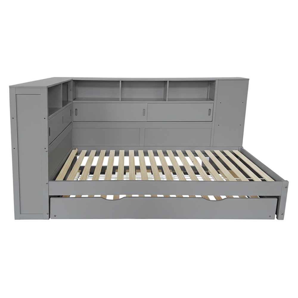 Posteľ s regálmi a prístelkou, sivá, 90x200, LENDON