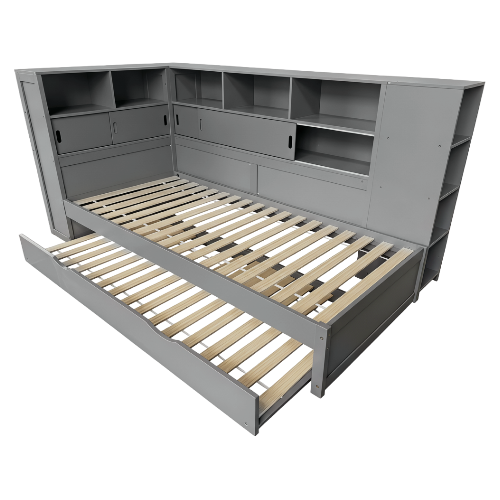Posteľ s regálmi a prístelkou, sivá, 90x200, LENDON