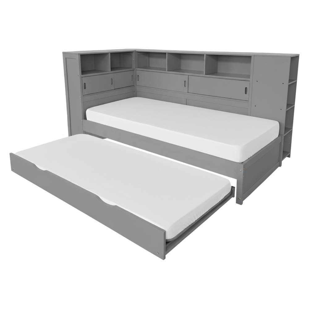 Posteľ s regálmi a prístelkou, sivá, 90x200, LENDON