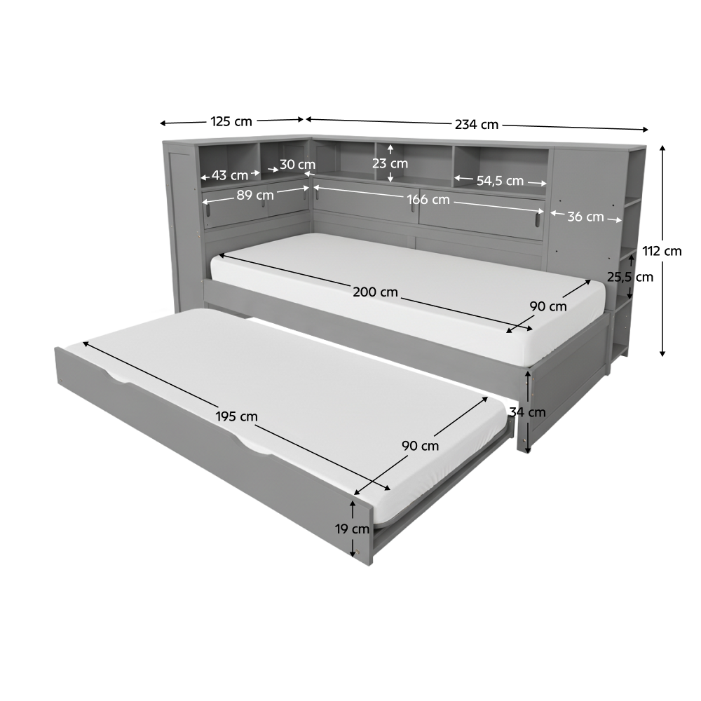 Posteľ s regálmi a prístelkou, sivá, 90x200, LENDON