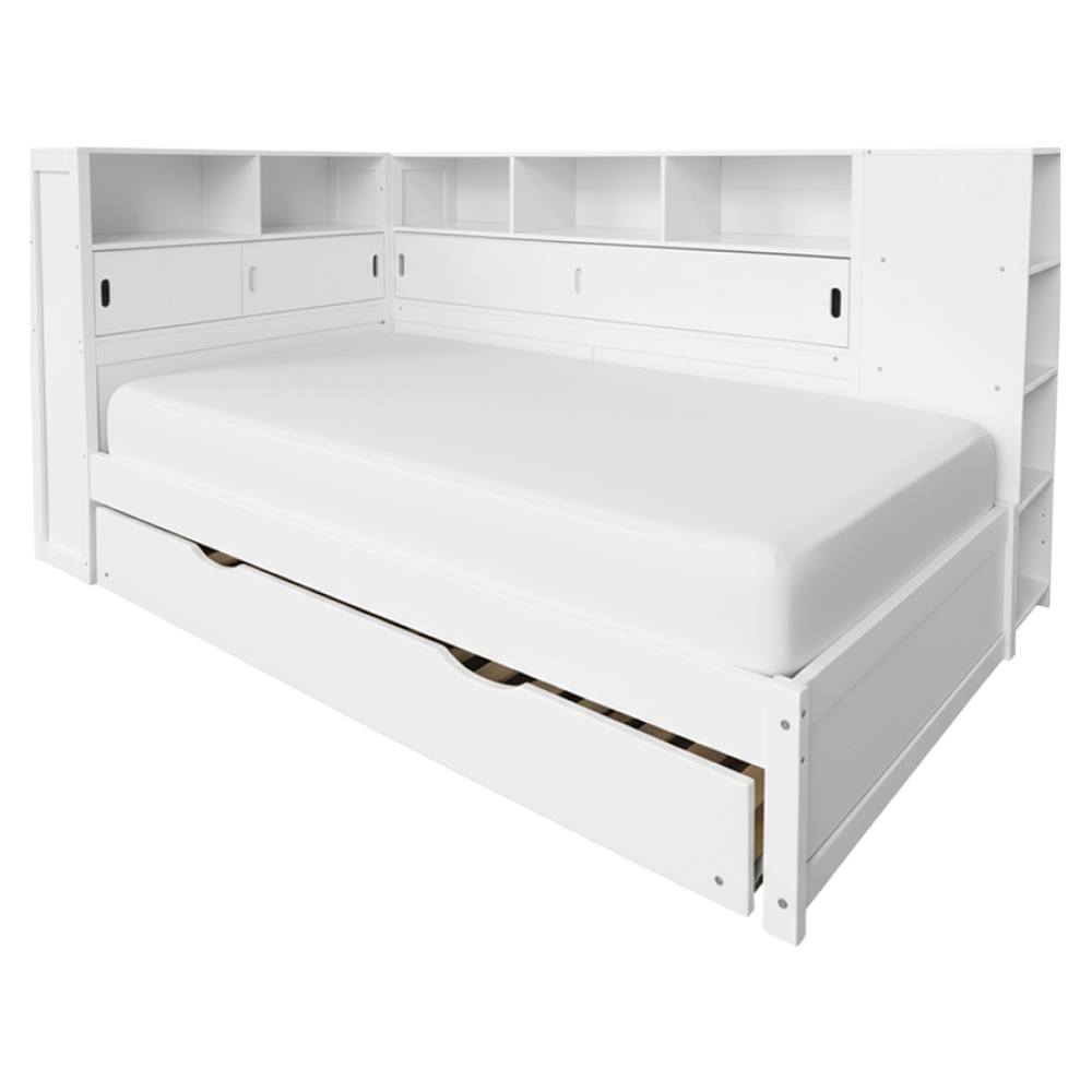 Posteľ s regálmi a prístelkou, biela, 90x200, LENDON