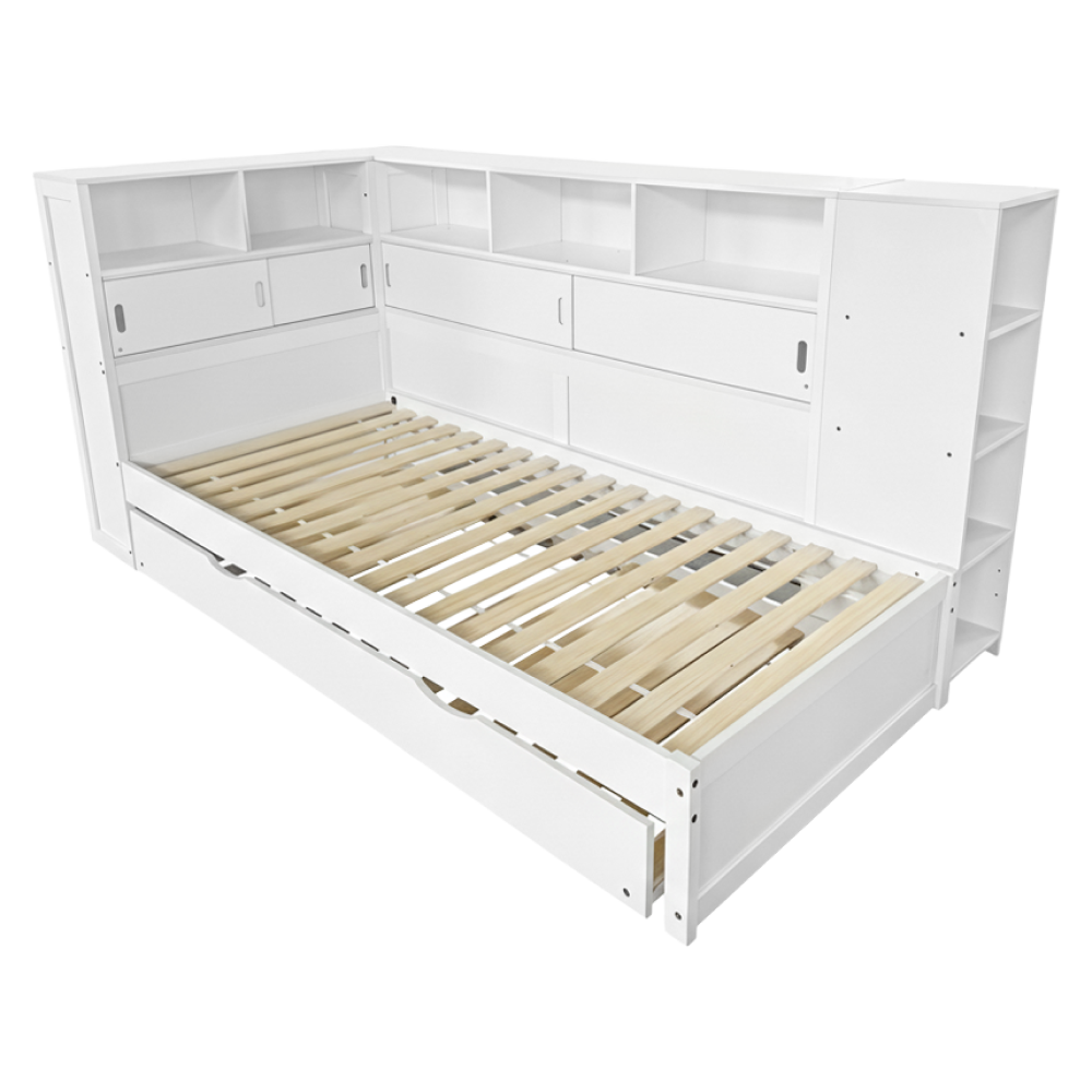 Posteľ s regálmi a prístelkou, biela, 90x200, LENDON